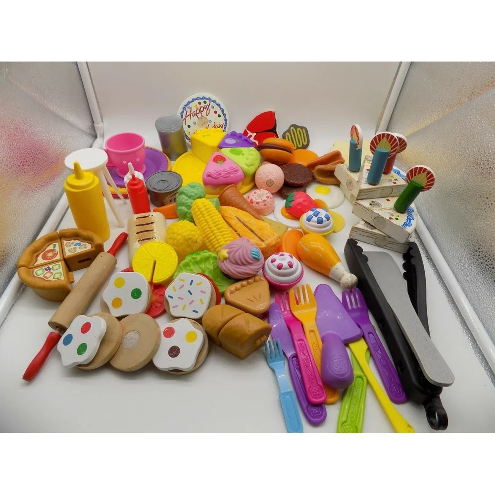 Mixed Play Food Lot Plastic Wooden Kitchen Accessories Pizza Cake Utensils
